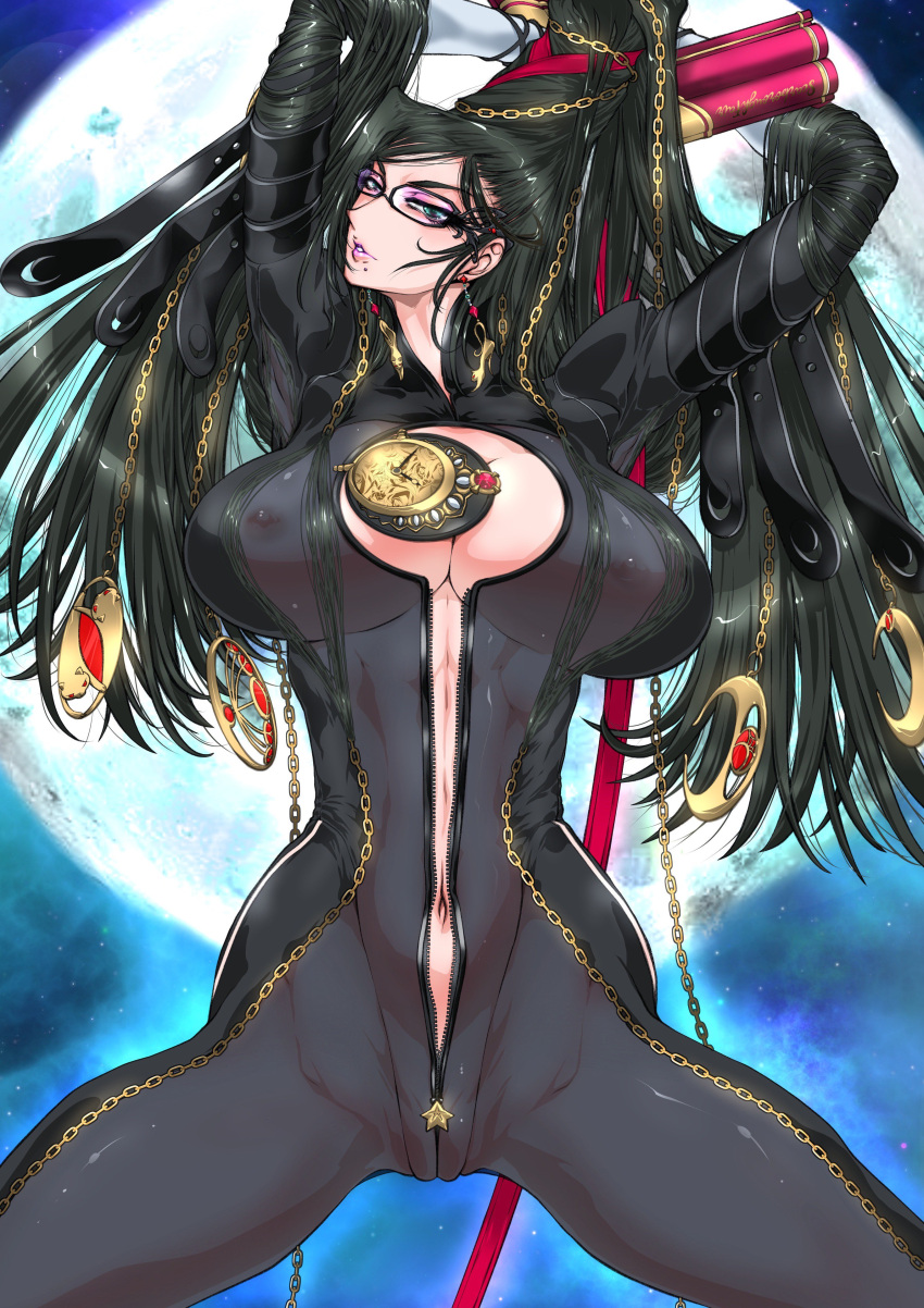 absurd_res bayonetta bayonetta_(character) belt black_hair bodysuit breasts bursting_breasts cleavage cleavage_cutout clock earrings elbow_gloves glasses gloves gold gold_chain gold_jewelry gun lipstick mole moon navel pistol ribbon ribbons straps transparent_clothing unzip unzipped unzipped_bodysuit unzipping very_long_hair white_gloves yuri-ai zipper zipper_down zipper_pull_tab