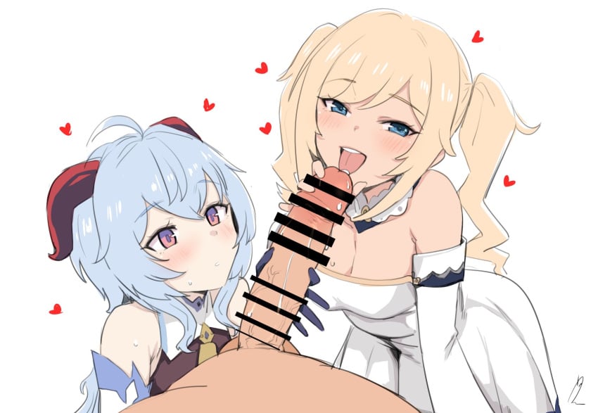 2girls barbara_(genshin_impact) berserkert big_penis blonde_hair blue_eyes blue_hair blush censored cleavage clothed clothed_female_nude_male exposed_shoulders fellatio ganyu_(genshin_impact) genshin_impact heart horn huge_cock male_pov nun open_mouth pink_eyes pov pov_eye_contact smile twintails