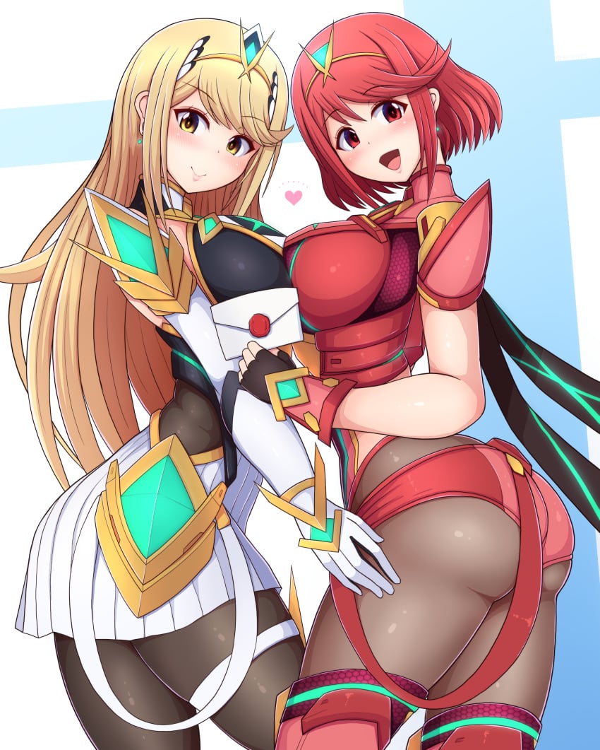 armor ass big_breasts blonde_hair earrings envelope gloves headpiece heart invitation jewelry letter looking_at_viewer mythra nintendo ponpo pyra red_eyes red_hair smash_invitation smile super_smash_bros. thick_thighs thigh_strap thighhighs xenoblade_(series) xenoblade_chronicles_2 yellow_eyes