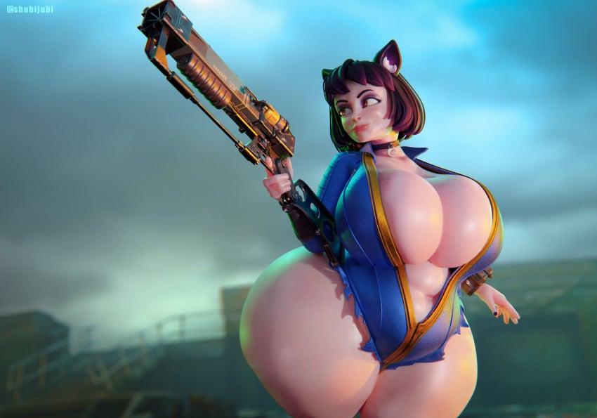 1girls 3d 3d_(artwork) bethesda_softworks big_breasts breasts cat_ears chubby clothing collar computer cosplay electronics fallout fallout_4 fat female gun jumpsuit kemonomimi large_breasts laser_gun long_gun luna_(shubijubi) pip-boy plump sci-fi science_fiction scifi shubijubi solo solo_female thick_thighs vault_suit weapon wide_hips wristwear yellow_eyes