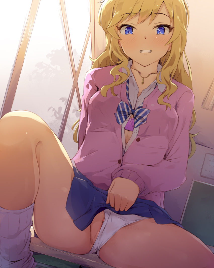 :d bangs bar_censor blonde_hair blue_eyes blue_skirt blush bra breasts button_gap cardigan censored clenched_teeth collarbone collared_shirt desk dress_shirt dutch_angle eyebrows_visible_through_hair female highres idolmaster idolmaster_cinderella_girls idolmaster_cinderella_girls_starlight_stage indoors jewelry lifted_by_self long_hair loose_socks on_desk ootsuki_yui open_mouth panties pendant pink_bra pink_cardigan pleated_skirt pussy pussy_peek school_desk school_uniform schoolgirl seneto shirt sitting sitting_on_desk skirt skirt_lift small_breasts smile socks solo teeth underwear upper_teeth white_legwear white_panties white_shirt white_socks window