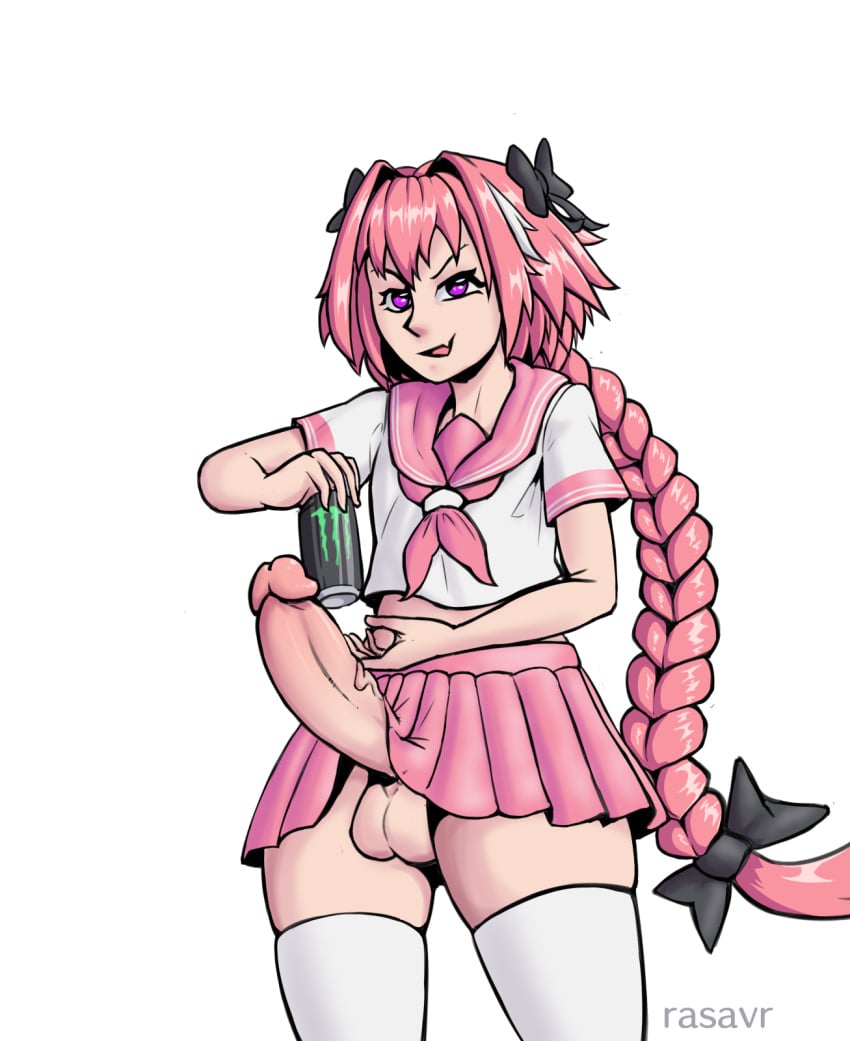 1boy astolfo_(fate) astolfo_(fate/apocrypha) astolfo_monster_cosplay_(meme) big_balls big_penis crossdressing fate/apocrypha fate/grand_order fate_(series) femboy girly male male_only meme pink_hair purple_eyes rasavr standing trap