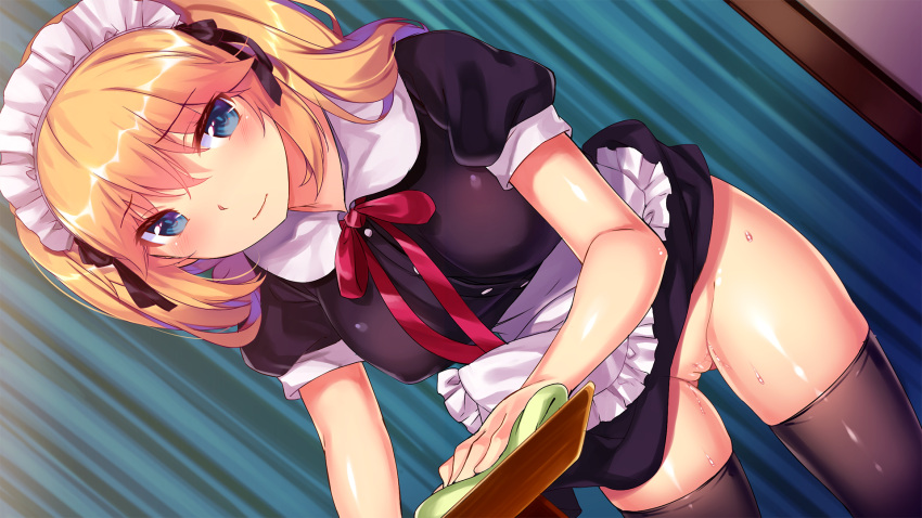 apron blonde_hair blue_eyes dress game_cg harmorise hinasaki hitotsu_yane_no_tsubasa_no_shita_de maid nopan pussy sasaki_kazusa skirt_lift thighhighs twintails uncensored