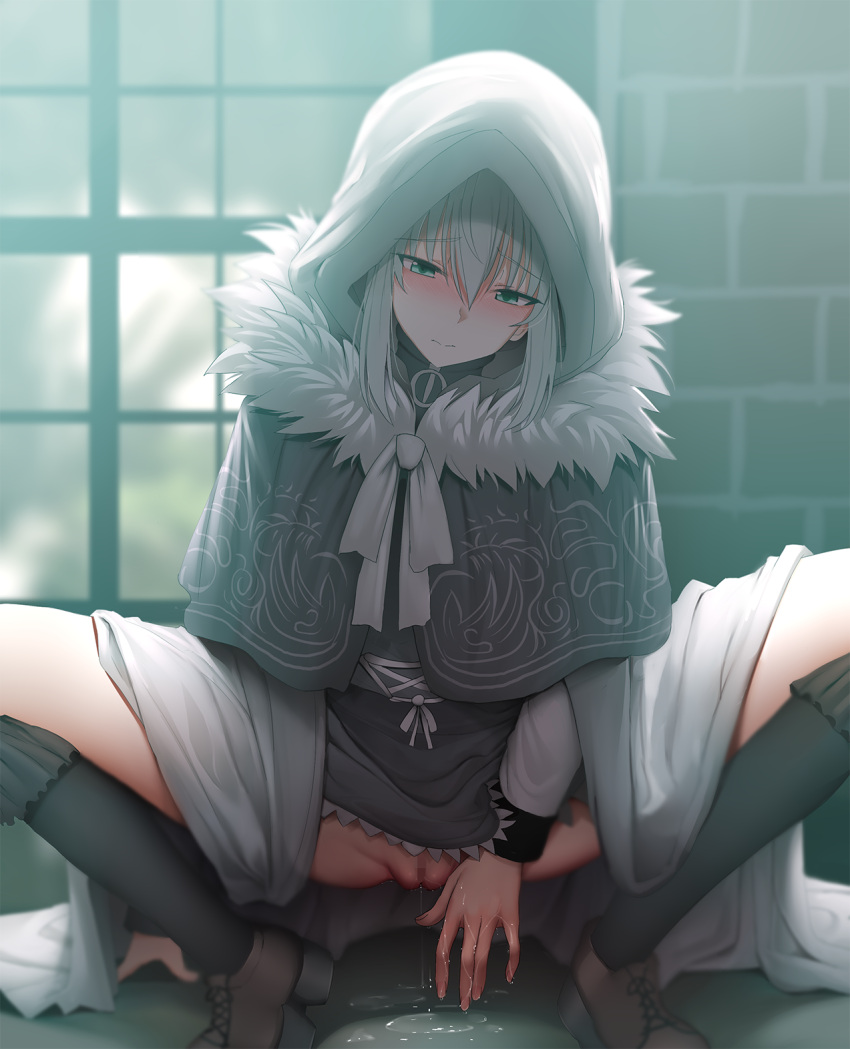 bangs black_footwear black_legwear blush cape censored cloak closed_mouth fate/grand_order fate_(series) female fur_trim ginhaha gray_(fate) gray_(lord_el-melloi_ii) green_eyes grey_hair grey_skirt hair_between_eyes highres hood hood_up kneehighs loafers long_sleeves lord_el-melloi_ii_case_files mosaic_censoring no_panties pussy pussy_juice pussy_juice_puddle shoes skirt solo squatting thighs window