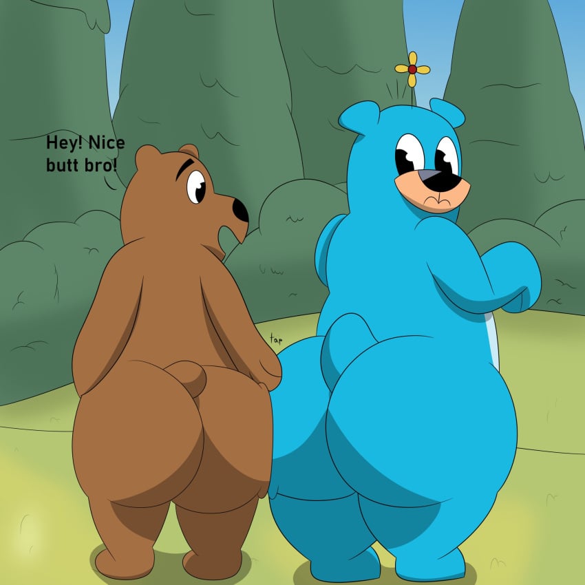 5.0.5_(villainous) awkward bear_tail blue_body butt cartoon_network colossalstars comic flower_on_head grizzly_(wbb) grizzly_bear happy looking_back male/male tap villainous we_bare_bears