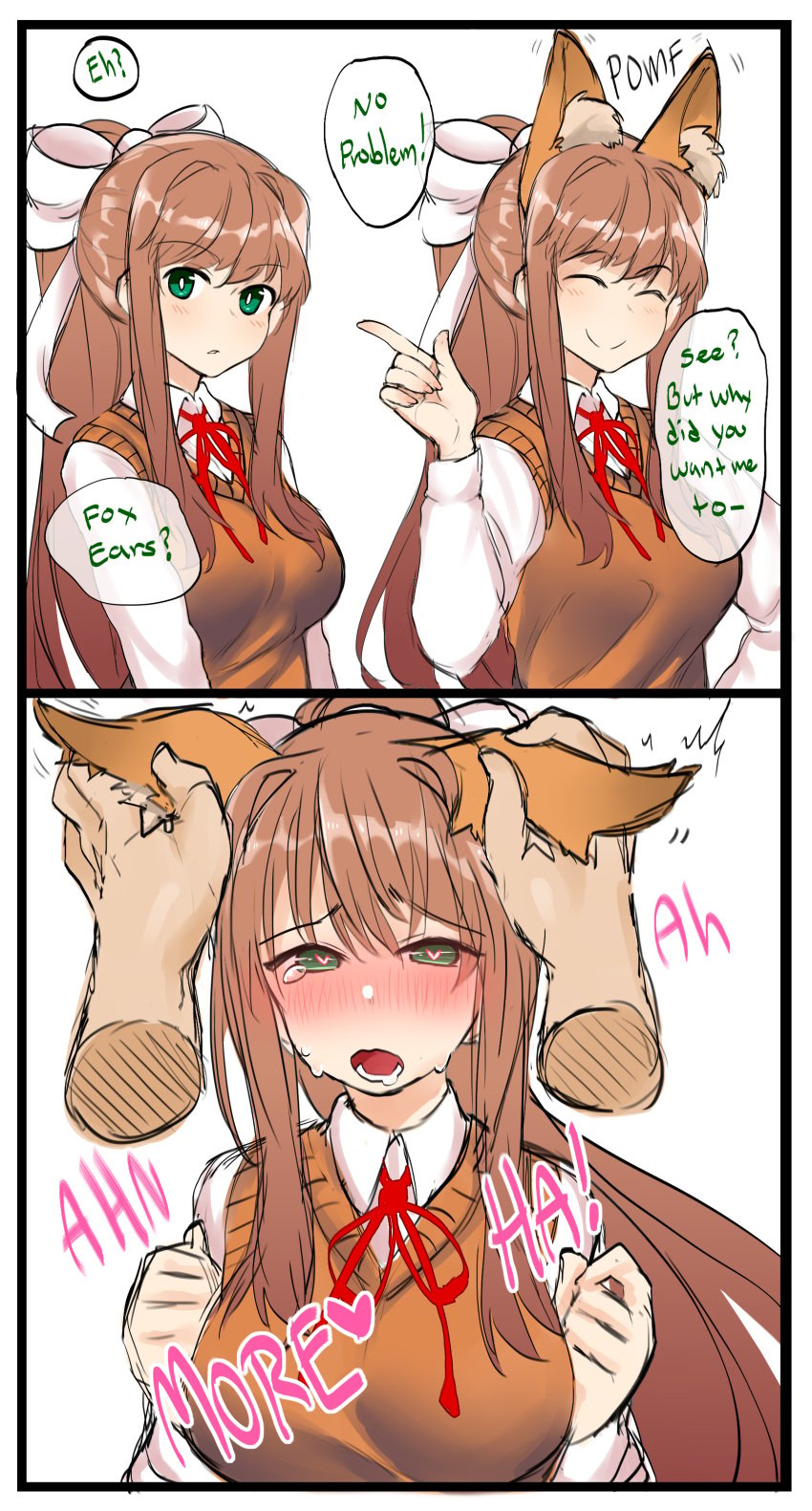 1boy 1girls 2020 2koma ^_^ absurd_res ahe_gao animal_ear_fluff animal_ears blush bow breasts brown_hair clothed clothing comic dialogue disembodied_hand doki_doki_literature_club ear_grab ear_rub eargasm english_text extra_ears eyebrows_visible_through_hair female fox_ears fox_girl green_eyes hair_ribbon heart heart-shaped_pupils highres index_finger_raised instant_loss_2koma kemonomimi_mode large_breasts long_hair long_ponytail looking_at_viewer male moaning monika_(doki_doki_literature_club) open_mouth orgasm otxoa60 ponytail ribbon smile speech_bubble standing sweat sweating talking_to_viewer teeth text tongue uncommon_stimulation vest white_border wholesome wholesome_instant_loss