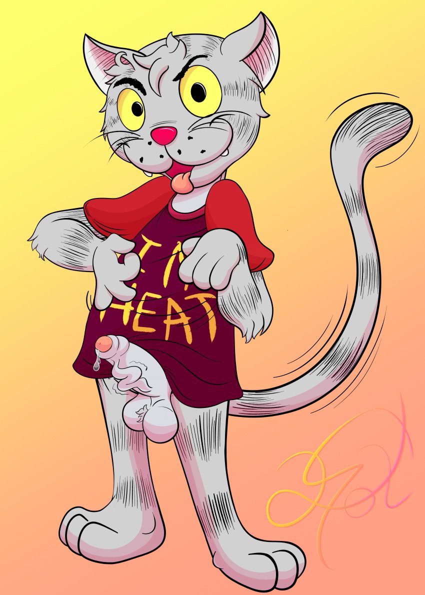 absurd_res anthro anthro_male bottomless bottomless_male clothed clothing domestic_cat erection feline fritz_the_cat fritz_the_cat_(character) heat_(disambiguation) hi_res invalid_tag lobofeo male mammal precum shirt solo topwear