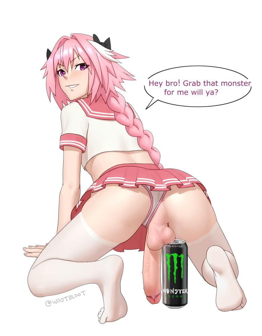 1boy anus ass astolfo_(fate) astolfo_monster_cosplay_(meme) balls big_penis blush crossdressing eye_contact fate/grand_order fate_(series) femboy feminine_male gay girly highres hung_trap large_penis looking_at_viewer male male_only meme monster_energy panties panties_aside penis pink_hair pink_skirt skirt solo solo_male speech_bubble testicles text thick_penis thigh_gap thighhighs thighs trap whargleblargle