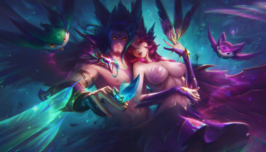 1boy 1girls female league_of_legends male rakan star_guardian_rakan star_guardian_series star_guardian_xayah tagme vastaya xayah