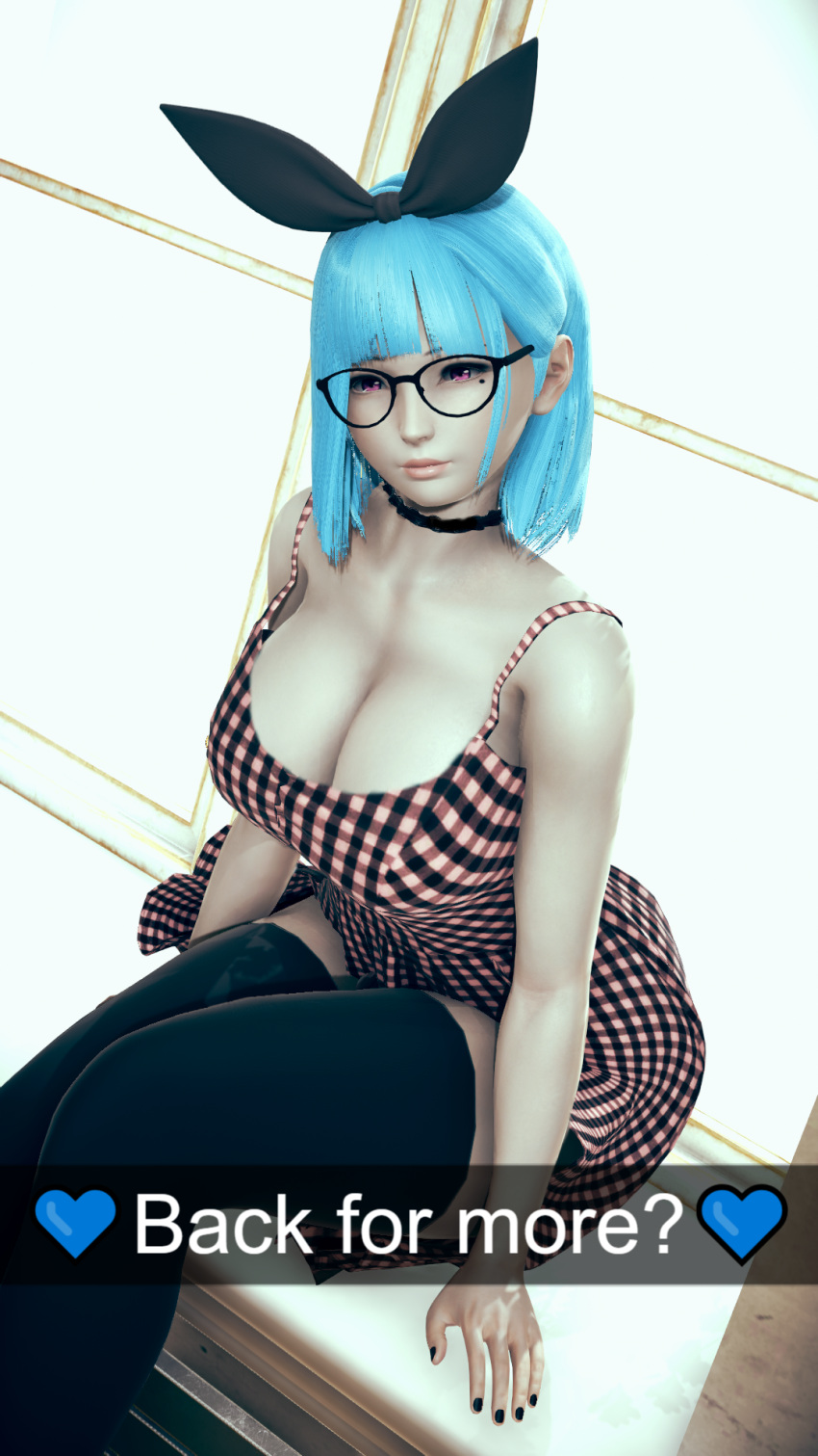 1girls ahwlly ahwlly_(artist) bent_forward big_breasts black_choker black_legwear black_nail_polish black_nails blue_hair bob_cut choker dress english_text fat_ass female female_only flannel glasses hair_ribbon large_breasts legwear looking_at_viewer looking_up mole mole_under_eye pale pale-skinned_female pale_skin pink_eyes self_insert short_hair sitting social_media solo text thigh_high_socks thighhighs window