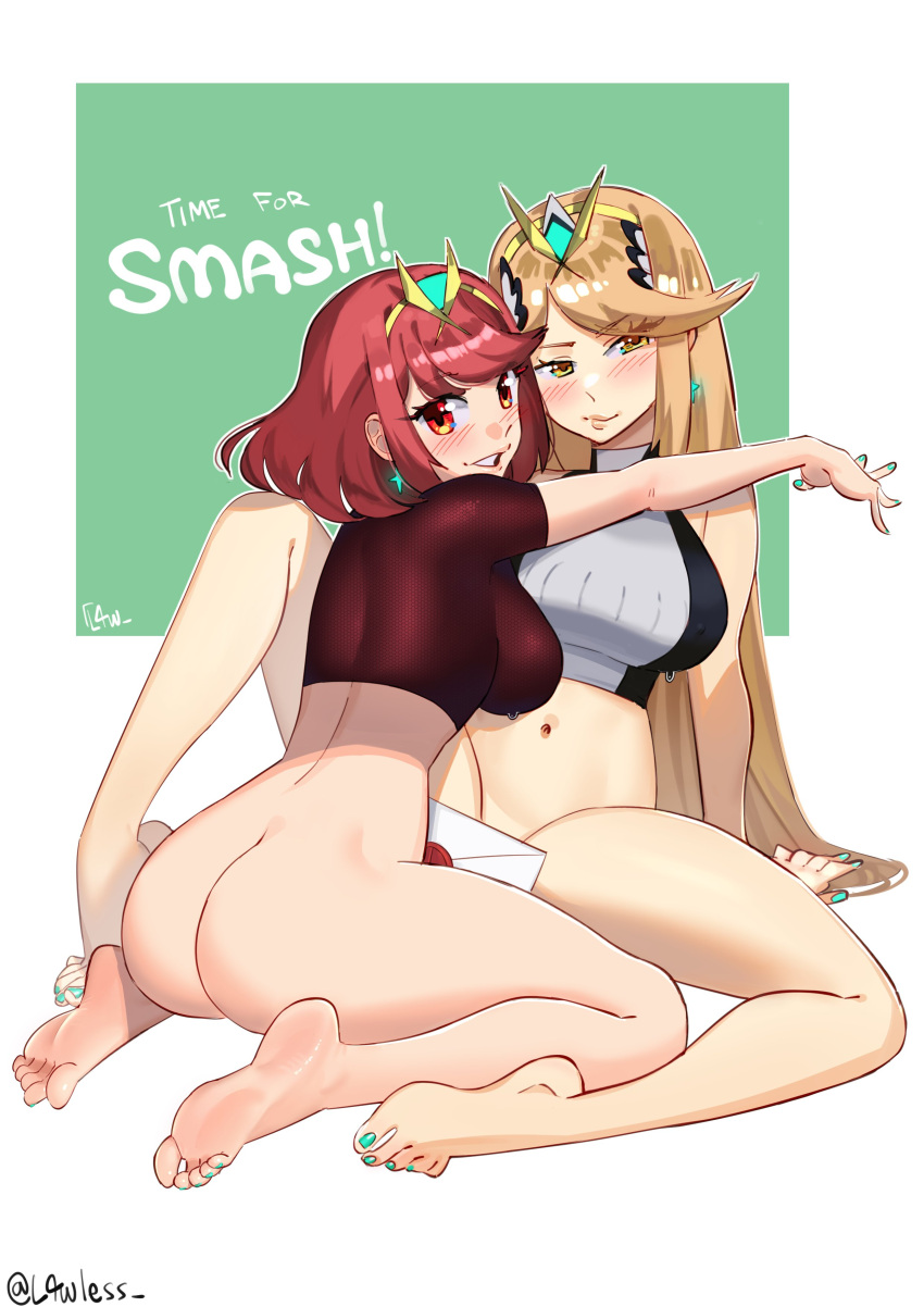 2girls 5_fingers 5_toes ass blonde_hair blush bottomless convenient_censoring female female_only kneeling l4wless looking_back mythra nintendo painted_nails pyra red_eyes red_hair smash_invitation spread_legs super_smash_bros. super_smash_bros._ultimate xenoblade_(series) xenoblade_chronicles_2