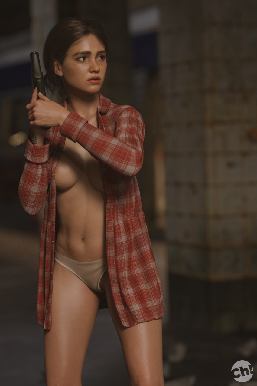 1girls 3d athletic athletic_female brown_hair casual ch! clothing ellie_(the_last_of_us) ellie_williams female female_focus female_only firearm handgun human pale_skin pose posing solo solo_female the_last_of_us the_last_of_us_2 weapon