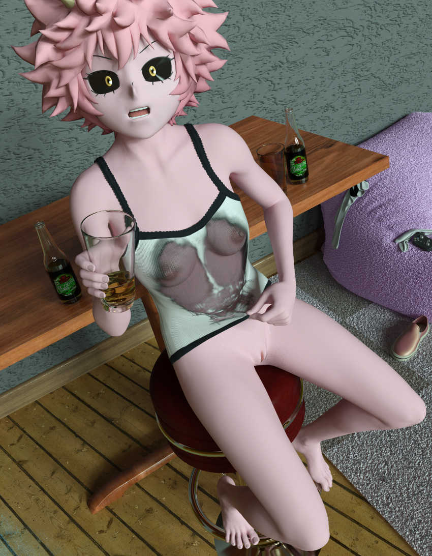 1girls 3d barefoot beer breasts errbee feet female female_only highres looking_at_viewer medium_breasts mina_ashido my_hero_academia navel nipples no_bra no_panties open_mouth pink_hair pink_skin pussy sitting solo toes tongue wet wet_clothes