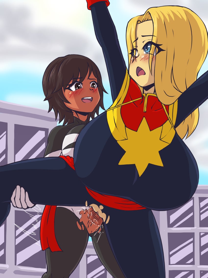 1futa 1girls blonde_hair blue_eyes bodysuit bosomancer breasts breasts_bigger_than_head brown_eyes brown_hair captain_marvel carol_danvers city city_background clothed clothed_sex dark-skinned_female dark-skinned_futanari dark_skin duo female futa_on_female futa_sans_balls futadom futanari gigantic_breasts heroine huge_breasts human human_only interracial light-skinned_female light_skin marvel marvel_comics monica_rambeau penis photon_(marvel) rape sex spectrum_(marvel) superhero superheroine torn_bodysuit torn_clothes vaginal_penetration