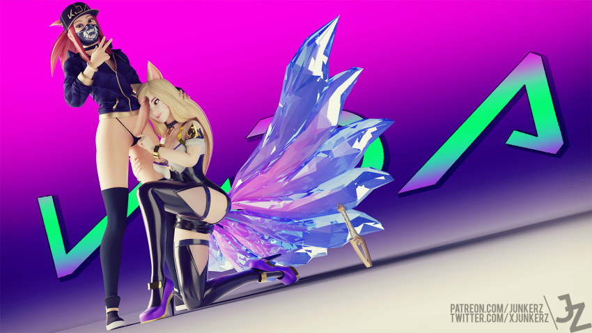 1futa 1girls 3d 3d_(artwork) ahri akali alternate_costume animal_ears balls blender breasts duo female futanari high_heels humanoid junkerz k/da_ahri k/da_akali k/da_series kneeling league_of_legends littlemedecine looking_at_viewer pale_skin panties penis standing thighhighs