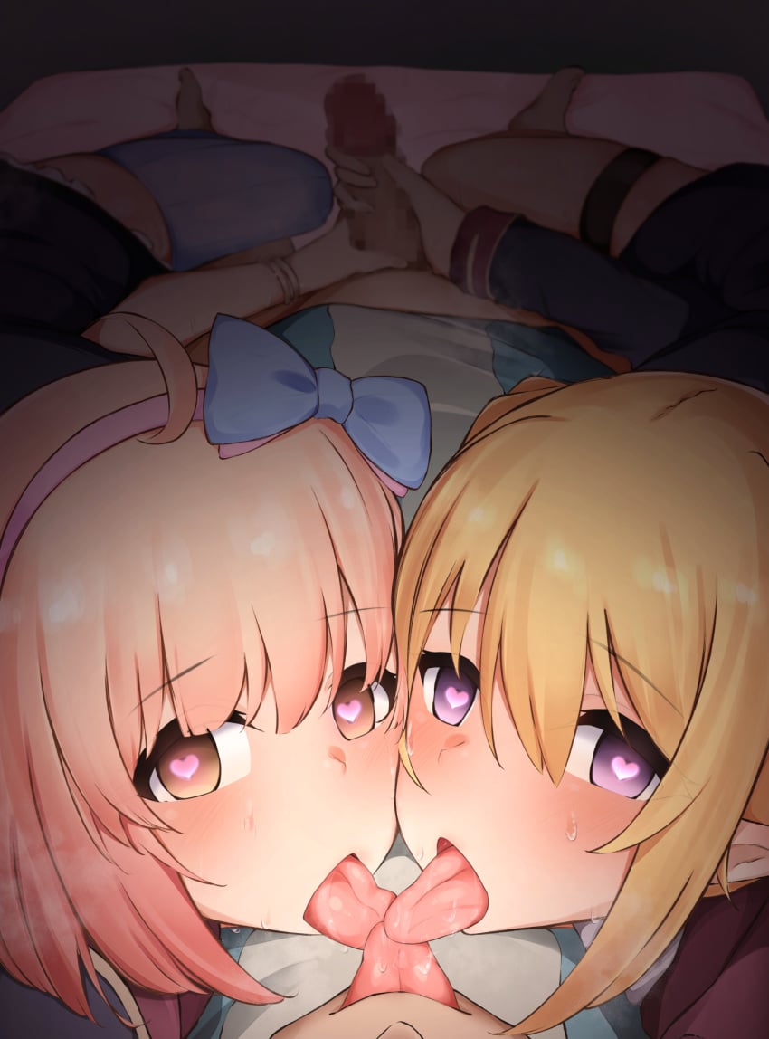 1boy 2girls ahoge bangs blonde_hair blurry blurry_background blush bottomless censored cheek-to-cheek chieru_(princess_connect!) chloe_(princess_connect!) dark erection eyebrows_visible_through_hair ffm_threesome french_kiss group_kissing group_sex hairband handjob heart heart-shaped_pupils heavy_breathing highres indoors kissing light-skinned_female light-skinned_male light_skin looking_at_viewer lying male_swimwear mosaic_censoring multiple_girls multiple_handjob narusan_beam2 on_bed orange_eyes penis perspective pink_hair pointy_ears pov pov_kiss princess_connect! princess_connect!_re:dive purple_eyes sidelocks straight sweat swim_briefs swimwear symbol-shaped_pupils threesome tongue tongue_out triple_kiss