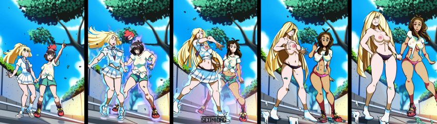 2girls age_progression areolae big_breasts breast_expansion breasts erect_nipples female female_only human lillie_(pokemon) lost_clothes lusamine_(pokemon) milf mother_(pokemon_sm) multiple_girls nintendo nipples panties pokemon pokemon_sm selene_(pokemon) seonidas topless transformation