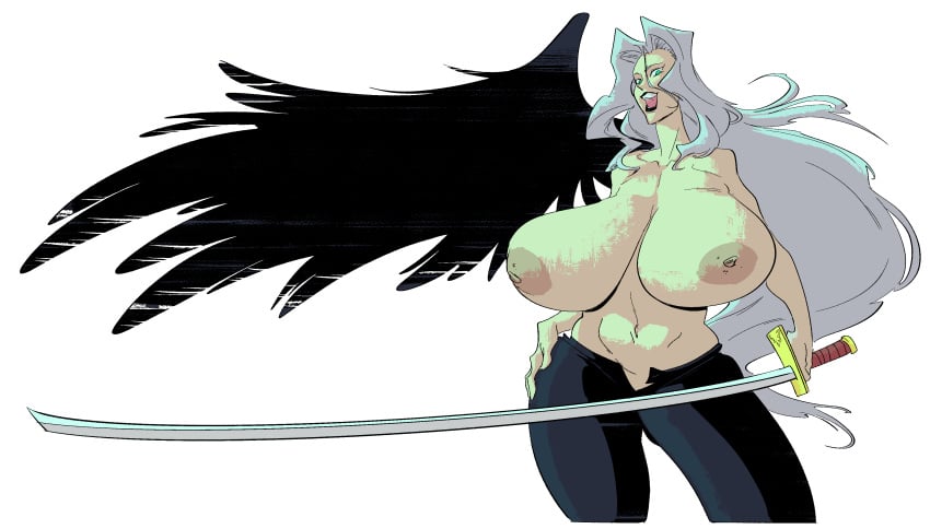 1girls alternate_version_available big_breasts black_wings breasts bust busty colorized cropped_legs female final_fantasy final_fantasy_vii front_heavy_breasts glands_of_montgomery hair hip_lines holding_sword holding_weapon huge_breasts human jeans katana large_breasts long_hair long_sword mature mature_female navel navel_line nipples oblique_edge rule_63 sagging_breasts sephimom sephiroth slb solo spread_wings square_enix standing sword topless torpedo_breasts unzipped upper_body vertical_navel weapon white_background white_hair wide_hips wing wings