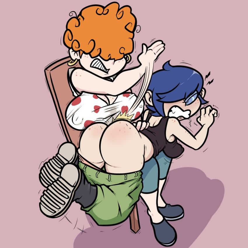 2girls angry ass bent_knees bent_over black_boots black_tank_top blue_eyes blue_hair boots breasts calicobggs cartoon_network curly_hair drooling ear_piercing earrings ed_edd_n_eddy eyeshadow female female_only freckled_skin freckles freckles_on_ass green_pants gritting_teeth hair_over_eyes hair_over_one_eye incest kanker_sisters large_breasts lee_kanker marie_kanker medium_breasts nipple_bulge nipples_visible_through_clothing pain panties panties_down pants pants_down piercing pink_background pink_panties polka_dot red_hair shirt short_hair simple_background sitting spanking tank_top terrible_the_drawfag