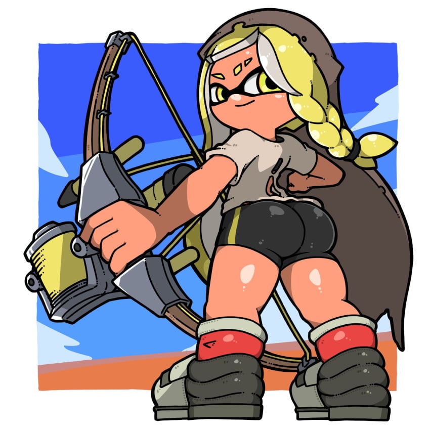 1girls ass back_view bike_shorts bow braid_(splatoon) bubble_butt clothed clothing hood inkling looking_at_viewer looking_back new_agent_3_(splatoon) omoitukan2 shorts smooth_skin solo splatoon splatoon_3 tanned_skin tentacle_hair unknown_gender veronika_(splatoon) yellow_eyes yellow_hair