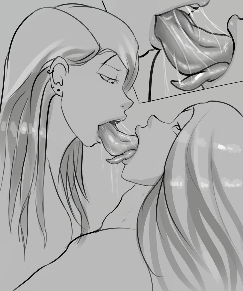 2girls artist_request deep_tongue extreme_french_kiss female/female female_only kissing long_tongue monochrome saliva saliva_drip saliva_on_tongue saliva_string saliva_trail sloppy sloppy_kiss yuri