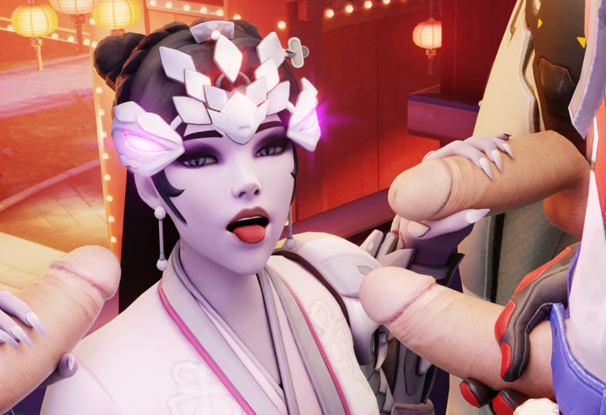 1girls 3boys 3d blue_body blue_skin female fjvnb gangbang genji handjob looking_at_camera male/female overwatch soldier_76 tongue_out widowmaker