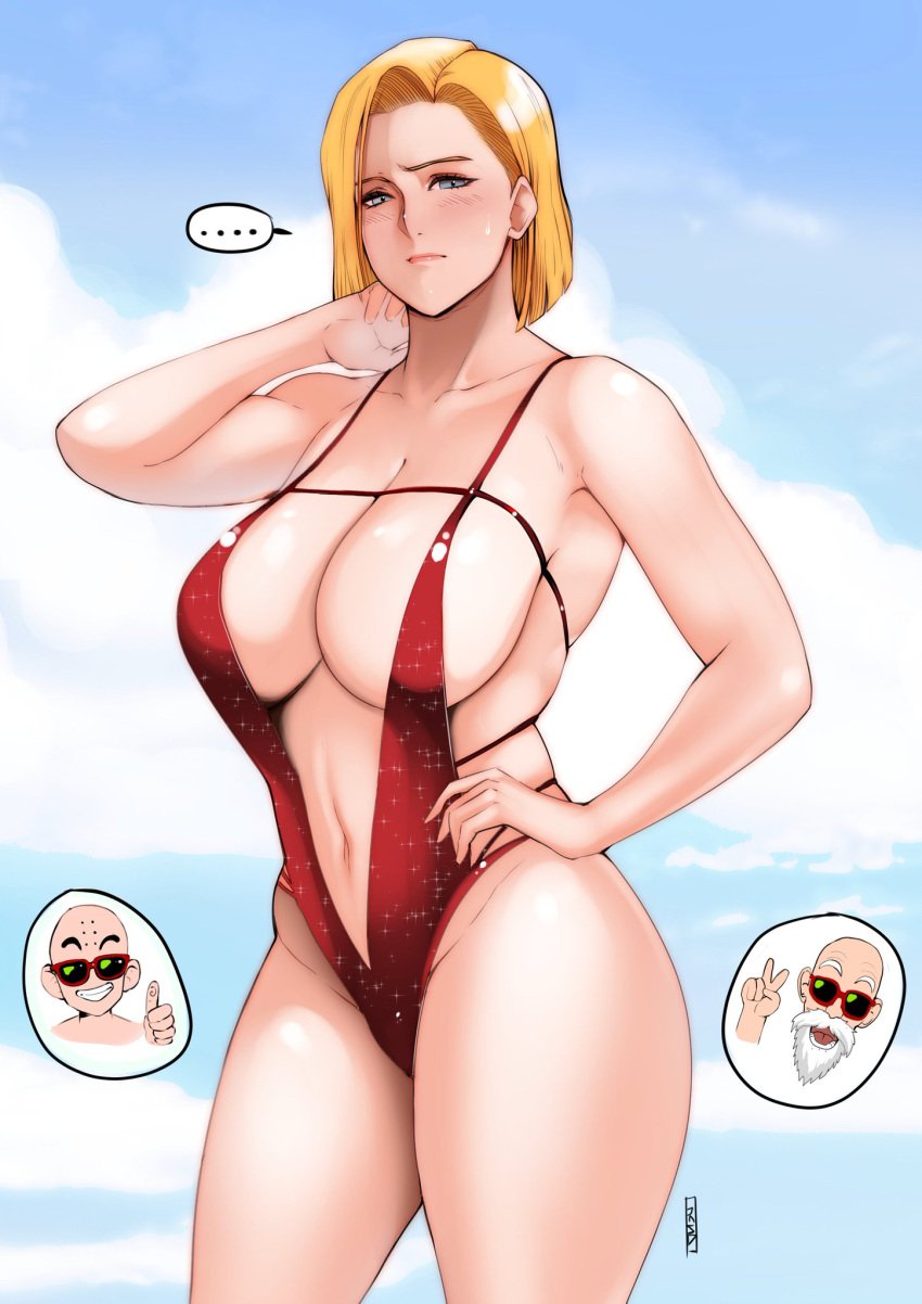 ... 1girls 2boys android_18 bald bare_shoulders big_breasts blonde_female blonde_hair blue_eyes blush breasts dragon_ball dragon_ball_z embarrassed facial_markings facial_piercing forehead_markings glasses hand_on_hip jnsdh krillin kuririn large_breasts long_hair master_roshi milf multiple_boys navel one-piece_swimsuit peace_sign posing speech_bubble stomach sweat swimsuit thick_thighs thumbs_up wide_hips