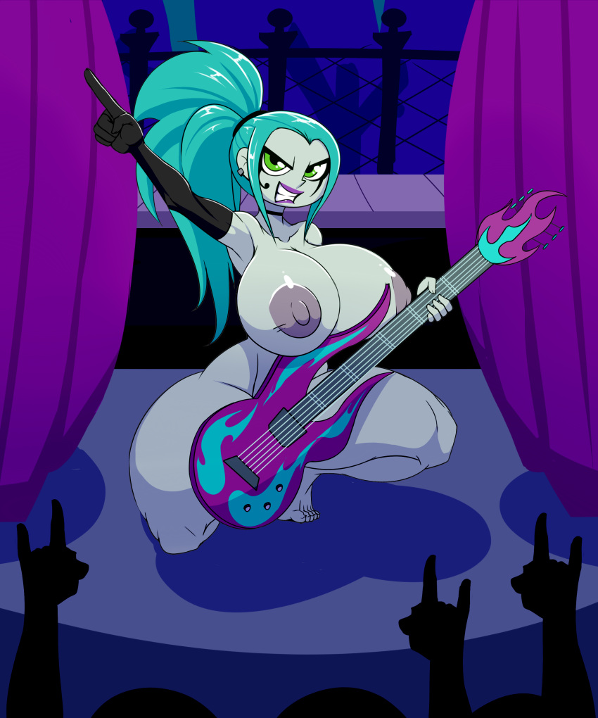 1girls absurd_res absurdres areolae bangs barefoot ber00 big_breasts blue_hair breast_expansion breasts casual choker curtains danny_phantom ear_piercing ember_mclain exhibitionism facial_mark facial_markings female female_focus fence ghost ghost_girl gloves green_eyes grey_skin guitar hand_gesture high_resolution highres huge_breasts large_breasts long_hair looking_at_viewer mostly_nude musical_instrument naked_gloves nickelodeon nipples nude nude_female playing_instrument pointing ponytail public public_exposure public_nudity purple_lipstick road rocking_out solo solo_focus stage thick_thighs wide_hips