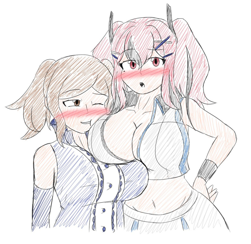 2girls alternate_breast_size azur_lane bare_midriff big_breasts blush breasts bremerton_(azur_lane) bremerton_(scorching-hot_training)_(azur_lane) brown_eyes brown_hair cleavage crossover cynthia_(fire_emblem) face_against_breast female_only fire_emblem fire_emblem_awakening large_breasts nintendo open_mouth petelewddigger pink_eyes pink_hair sketch smile twintails yuri