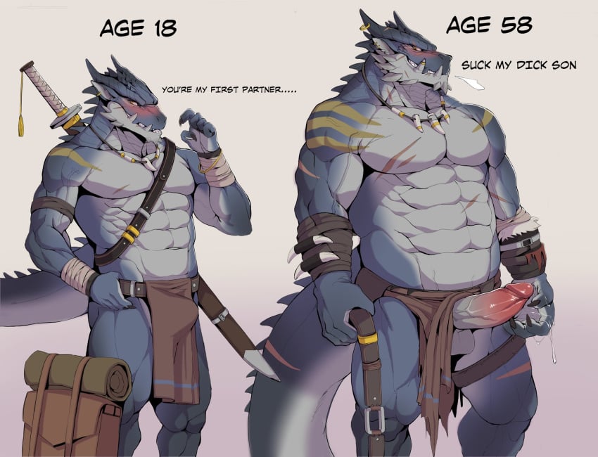 abs age_progression anthro balls blush bottomwear bottomwear_aside clothing clothing_aside confident disiwjd dragon embarrassed english_text erection genitals hi_res horn loincloth loincloth_aside male male_virgin mature_male melee_weapon muscular muscular_anthro muscular_male pecs penis sword text virgin weapon