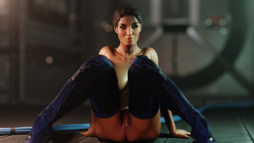 1girls 3d anus ashley_williams brown_eyes brown_hair female female_only functionally_nude lips looking_at_viewer mass_effect pussy sitting solo squirrel3d tan_skin thigh_boots tied_hair