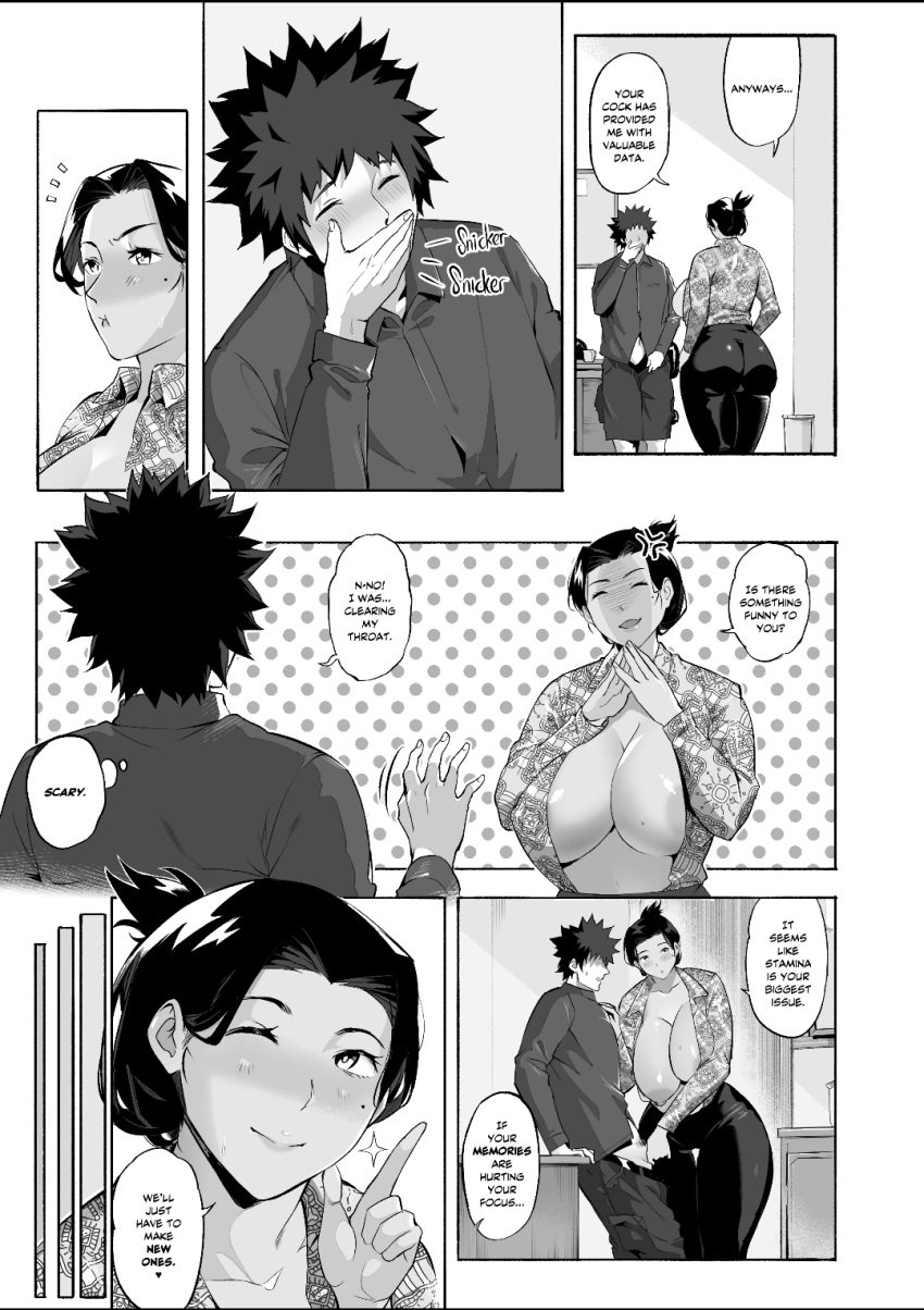 1boy 1girls big_ass big_breasts cum doujin doujinshi english_text female greyscale male milf mirah_(waifusplit) monochrome older_female penis pout sex text therapist waifusplit younger_male