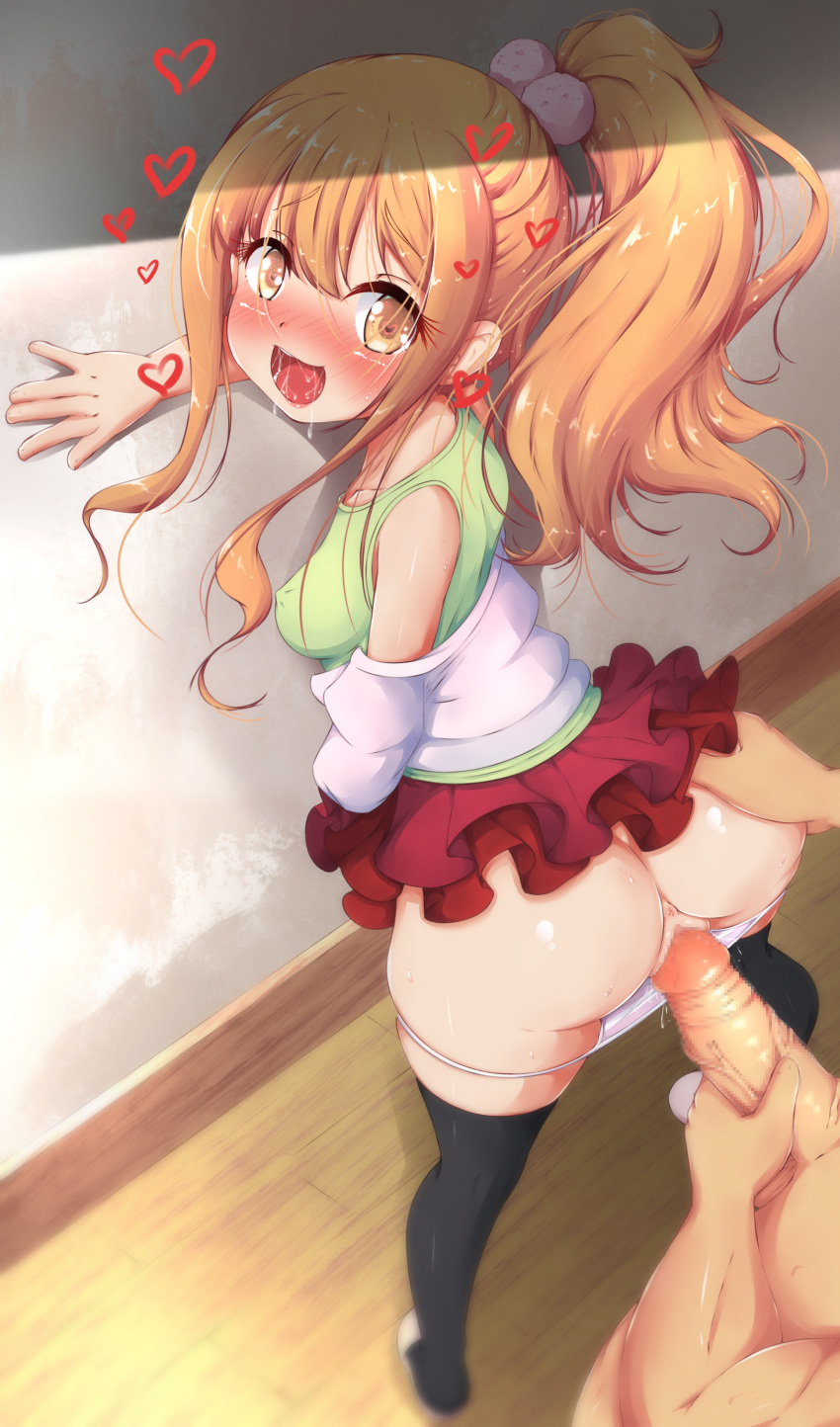 1girls against_wall anus ass ass_grab black_legwear black_thighhighs blush bodily_fluids censored clothed_sex clothing clothing_aside drooling erect_nipples eromanga_sensei ether_core female from_behind heart in_love jinno_megumi long_hair male medium_breasts miniskirt mosaic_censoring open_mouth panties panties_aside pantsu panty_pull penetration penis pink_panties pink_underwear pussy pussy_juice red_skirt saliva sex shimapan shirt skirt skirt_lift skirt_up socks spread_legs standing standing_sex striped_panties stripes thick_thighs thighhighs vaginal_penetration white_panties white_shirt