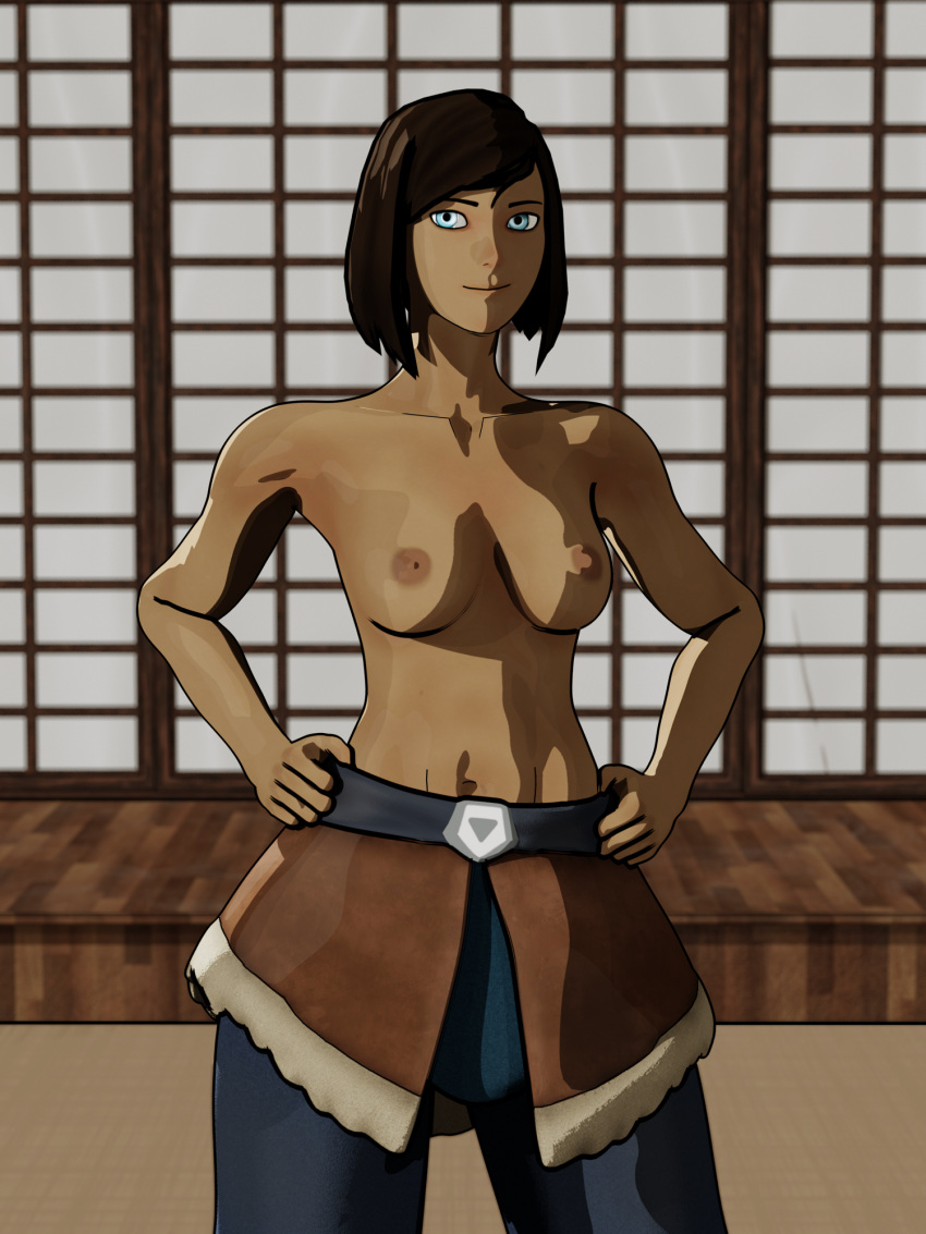 1girls 3d abs athletic athletic_female avatar_legends blue_eyes clothing dark-skinned_female dark_skin female female_only fit korra looking_at_viewer medium_breasts nickelodeon nipples pinup skirt smooth_skin solo squirrel3d the_avatar the_legend_of_korra topless water_tribe