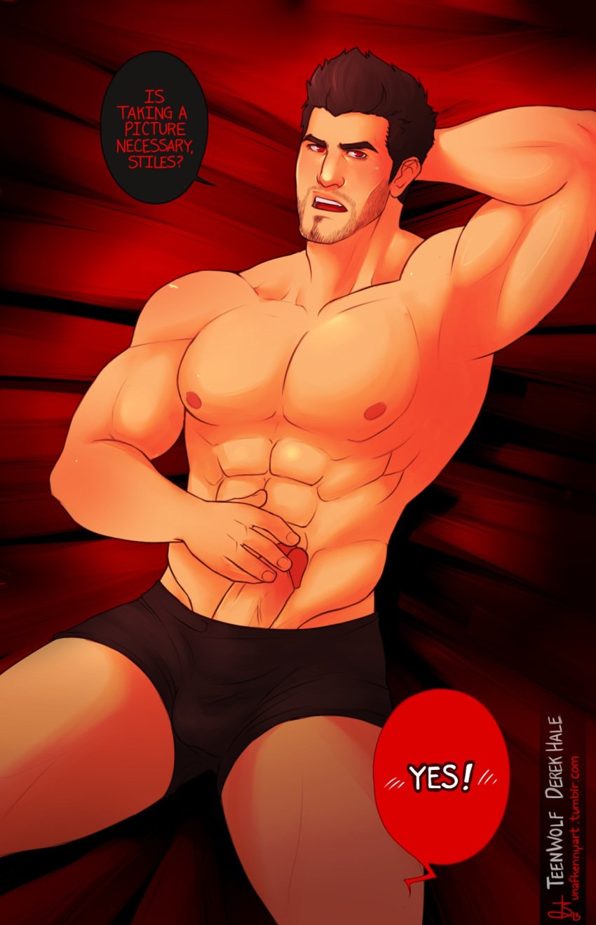 1boy abs armpits biceps bulge derek_hale male_only muscular pecs penis red_eyes sablechan stubble teen_wolf thick_thighs