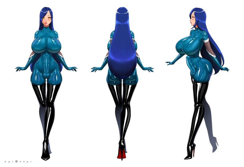 1futa azura_(aspirasakka) balls blue_bodysuit blue_clothing blue_hair bodysuit breasts bulge clothed clothing erection_under_clothes full_body fully_clothed futa_only futanari high_heels huge_breasts human kaioppai latex long_hair multiple_views original_character pale_skin penis shiny simple_background skindentation solo standing thick_thighs thighhighs wide_hips