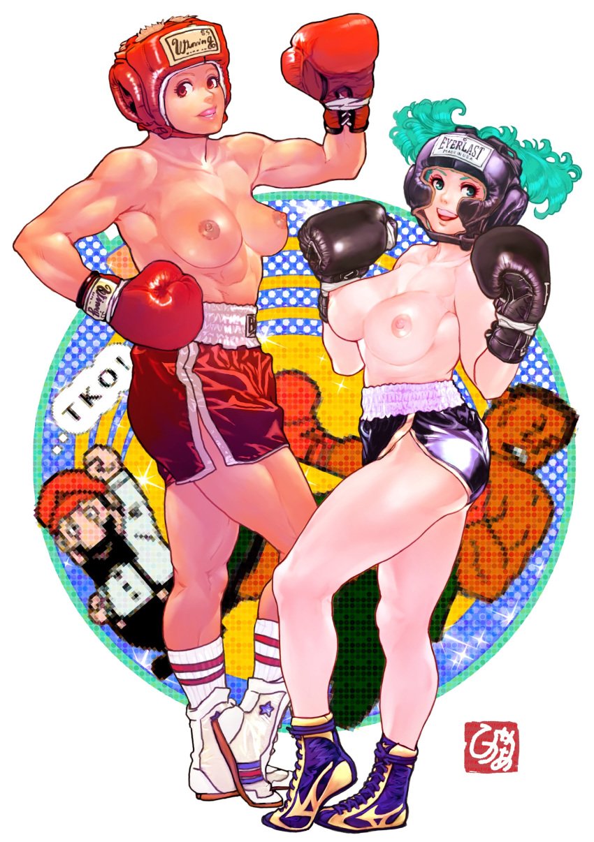 2girls abs big_breasts black_boxing_gloves black_boxing_headgear black_shorts blonde_hair boots boxing boxing_gloves boxing_shorts breasts female green_eyes green_hair headgear lessons mario mario_(series) mike_tyson mouth_guard mouthguard multiple_girls muscular punch_out red_boxing_gloves red_boxing_headgear red_eyes red_gloves red_shorts short_hair shorts socks top topless twintails vigwer