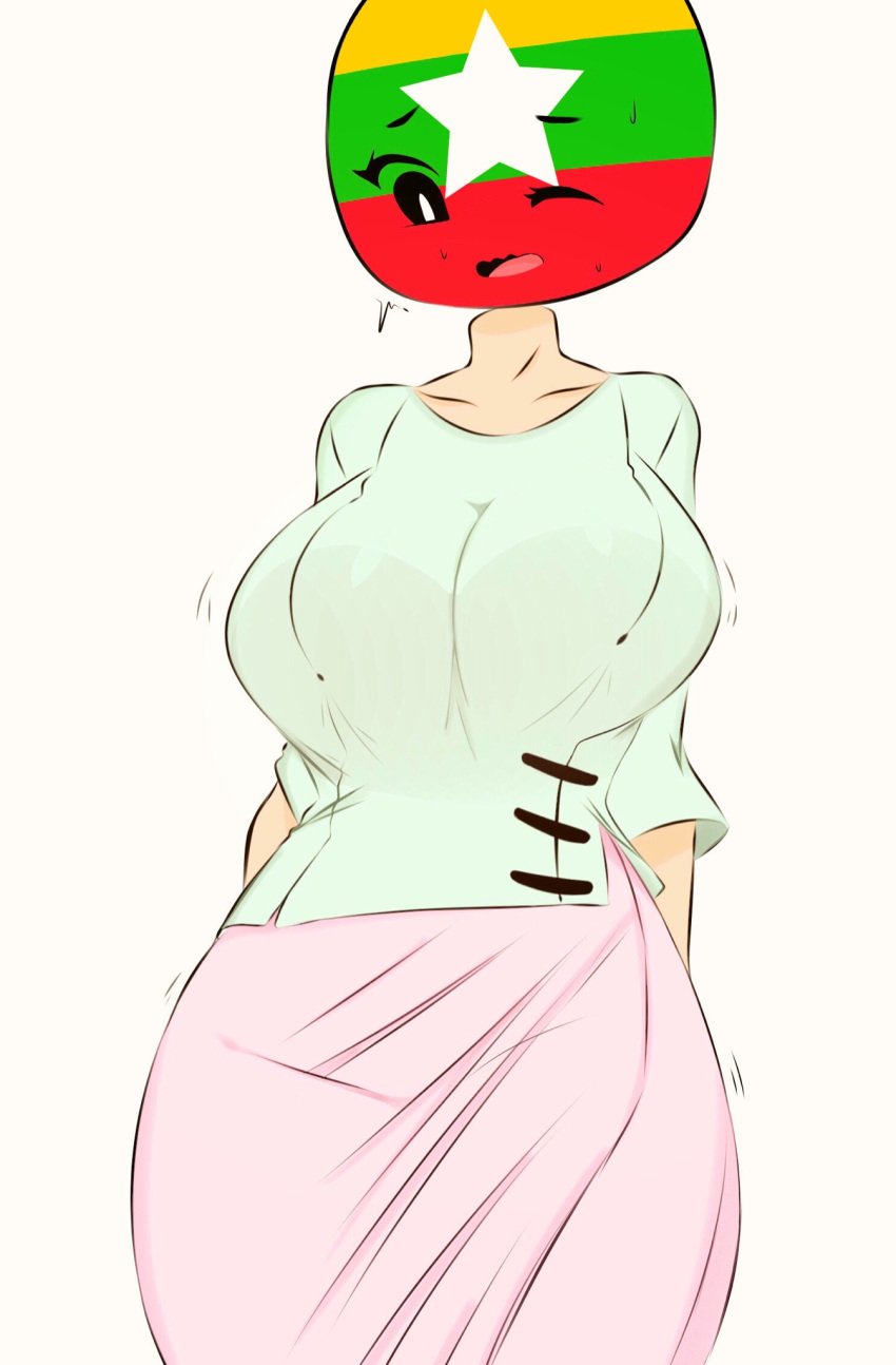 1girls big_breasts burma burmese_flag clothed clothing countryhumans countryhumans_girl female female_only flawsy fully_clothed humanoid myanmar/burma_(countryhumans) myanmar_(burma) myanmar_(countryhumans) pink_robe skirt solo standing teal_shirt thick_thighs wide_hips