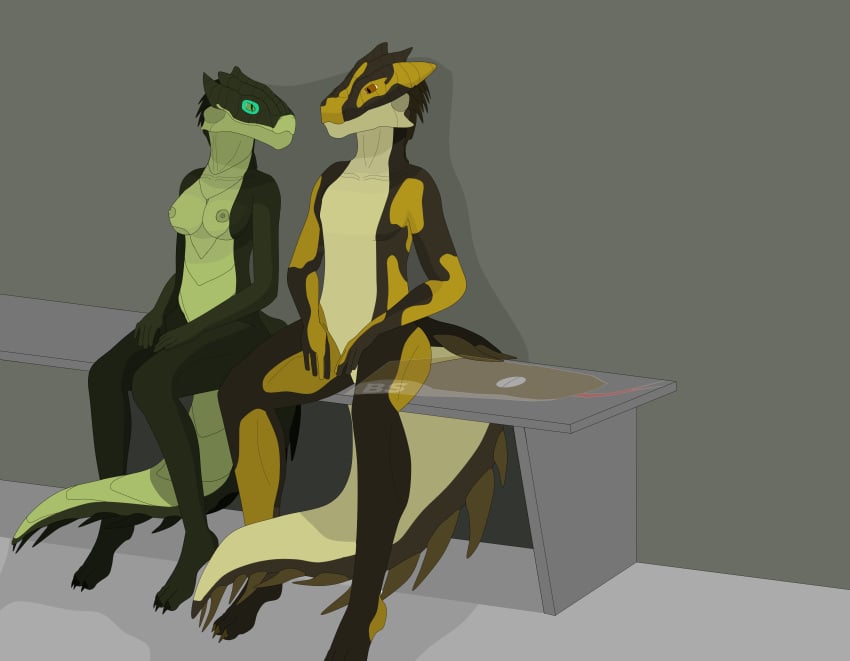 3_toes absurd_res anthro bench brown_body brown_eyes brown_scales crocodile_skink duo feet female green_body green_eyes green_scales hi_res humanoid_genitalia invalid_tag lizard male male/female nude red-eyed_crocodile_skink reptile scales scalie sitting skink spots spots_(marking) thegamingzilla toes yellow_spots