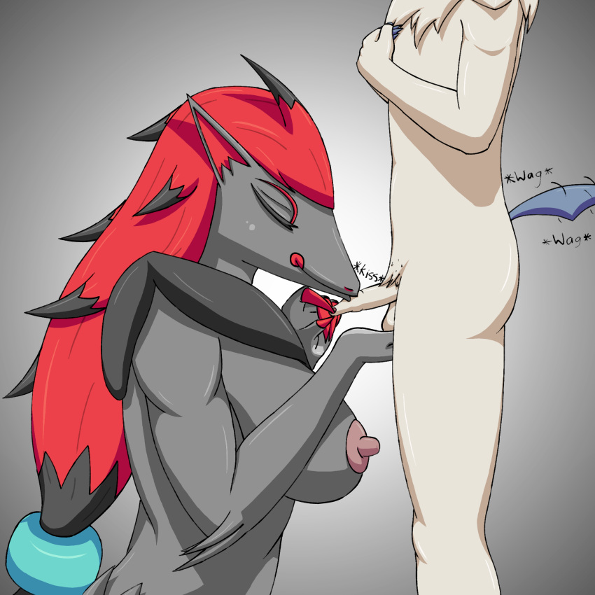 absol anthro big_breasts breasts duo english_text female foreskin foreskin_kiss foreskin_play foreskin_pull genitals hi_res kissing lance_(xevv) male male/female nintendo nipples onomatopoeia penis penis_kissing pokémon_(species) pokemon pokemon_(species) sherry_(xevv) simple_background small_penis sound_effects text uncut video_games xevv zoroark