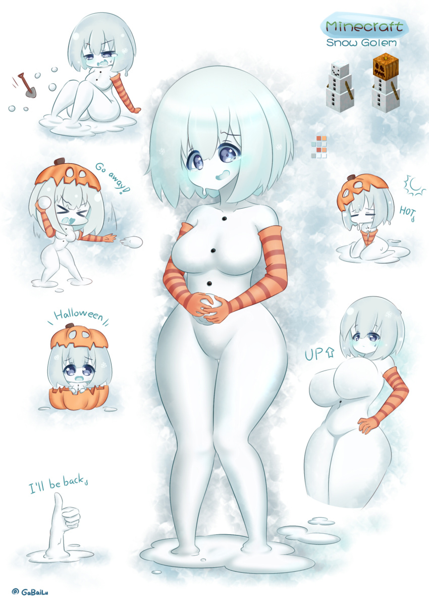 alternate_breast_size barefoot big_breasts blue_eyes blush breast_expansion breasts cute female female_only gabai gijinka huge_breasts humanized humanoid large_breasts melting minecraft naughty_face parody pumpkin snow snow_golem snowball snowman snowwoman solo solo_female terminator white_hair white_skin