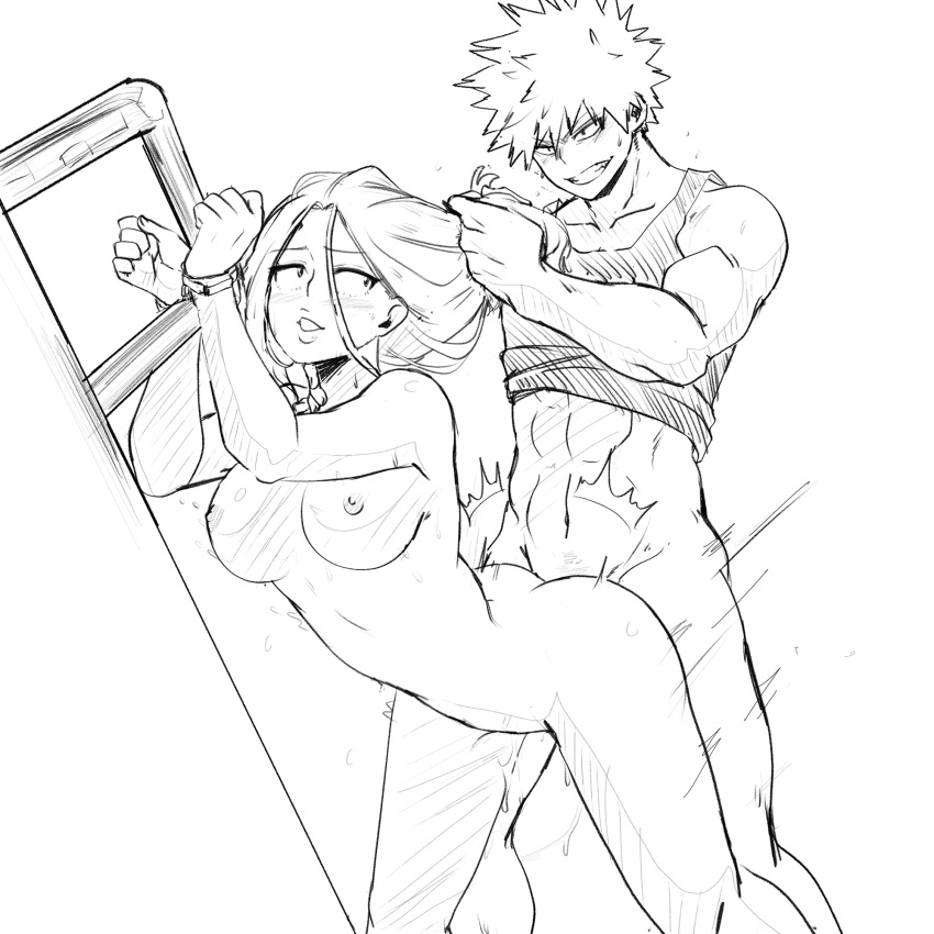 1boy 1girls angry_sex arms_tied big_breasts bondage breasts camie_utsushimi female female_dominated female_penetrated femsub from_behind hair_grab hair_pull handcuffs hands_tied katsuki_bakugou light_bondage line_art male male_dominating male_domination maledom monochrome my_hero_academia nightlykrumbs nipples nude nude_female rough_sex sex standing standing_sex straight sweat uncensored