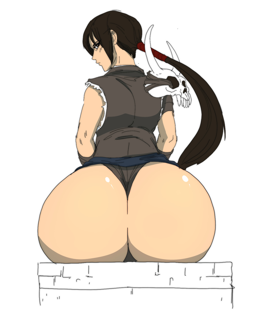 artist_request ass ass_focus big_ass black_eyes blush dark_hair female looking_back ponytail shura_(soulcalibur) sitting skull soul_calibur thong wide_hips