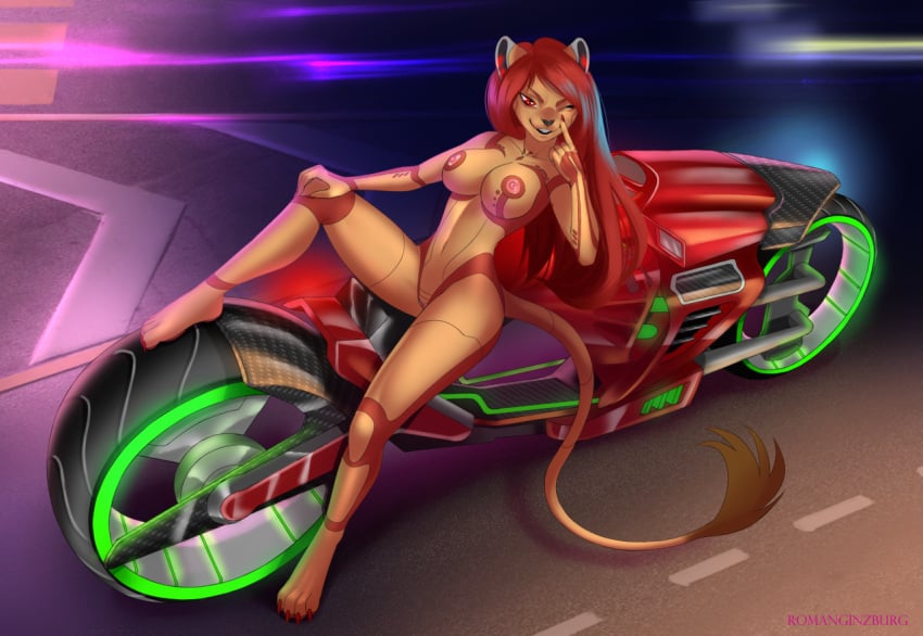 2020 anthro areola biped black_nose breasts claws cybernetics cyborg dyv3ke english_text felid female hair lion long_hair machine mammal motorcycle navel nipples nude one_eye_closed pantherine paws pink_nipples pinup pose red_eyes red_hair romanginzburg signature solo tail_tuft text tuft vehicle yellow_body