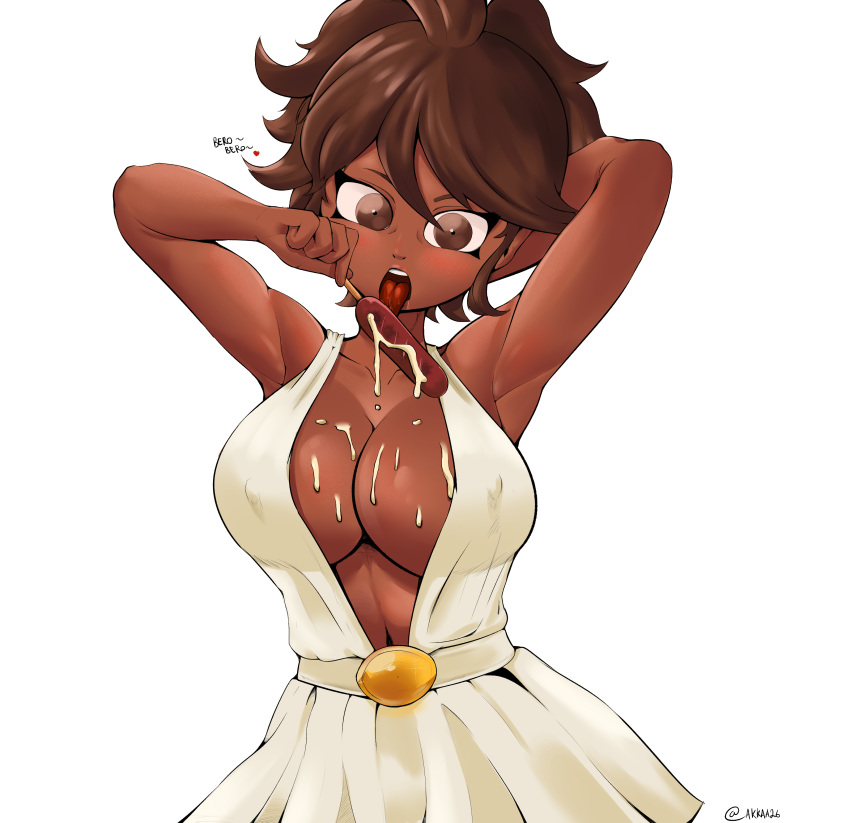 akkaa26 armpits arms_up big_breasts breasts brown_eyes brown_hair busty cum cum_on_breasts danganronpa dark-skinned_female dark_skin dress erect_nipples hourglass_figure large_breasts nipple_bulge owari_akane popsicle short_hair skimpy_dress straight_hair tongue tongue_out wide_hips