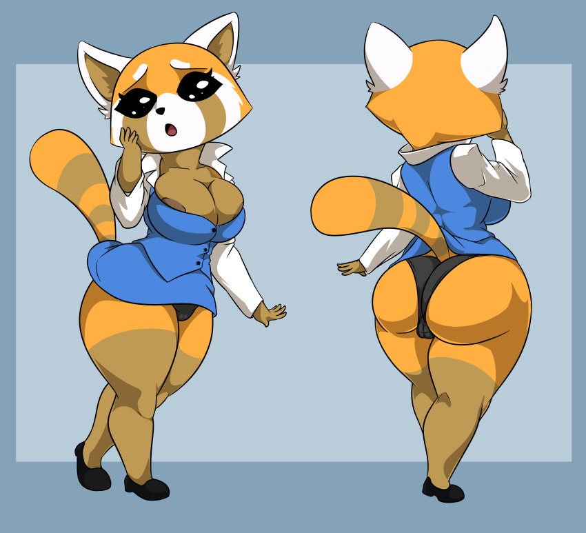 absurd_res aggressive_retsuko ailurid anthro ass big_breasts big_butt bottomwear breasts clothed clothing female footwear fur hi_res huge_butt looking_at_viewer mammal nipples open_mouth panties red_panda shirt shocked shoes simple_background skirt smooth_fur solo standing_tough thick_thighs topwear underwear wide_hips