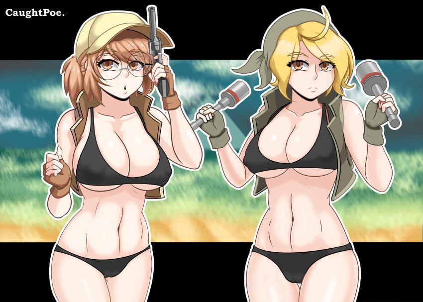 2girls big_breasts bikini blonde_hair brown_eyes brown_hair caughtpoe cleavage eri_kasamoto female fio_germi glasses large_breasts looking_at_viewer metal_slug multiple_girls navel tagme yellow_hair