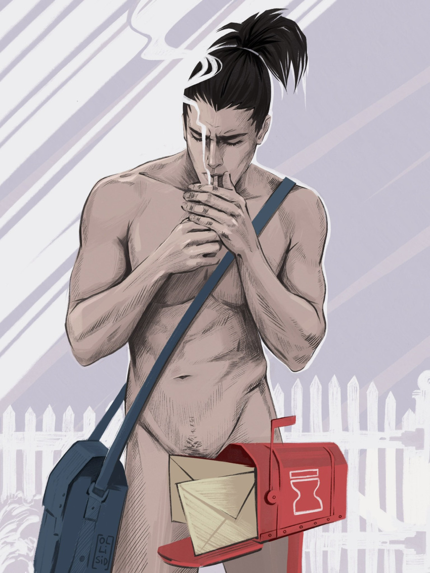 1boy bare_arms bare_chest bare_shoulders bare_thighs black_hair cigarette convenient_censoring envelope eyes_closed lean_muscle letters long_hair_male mailbag mailbox mailman male male_nipples male_only male_pubic_hair nara_shikamaru naruto naruto_(series) nude_male ollisid pointless_censoring simple_background sketch slender smoking smooth_skinned_male softcore solo tied_hair