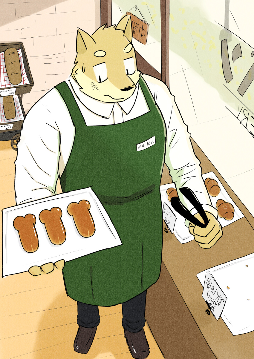 2021 absurd_res anthro apron bakery bottomwear bread brown_body brown_fur canid canine canis clothing detailed_background domestic_dog food fur hayahaya hi_res inside kemono male male_only mammal pants shirt solo topwear