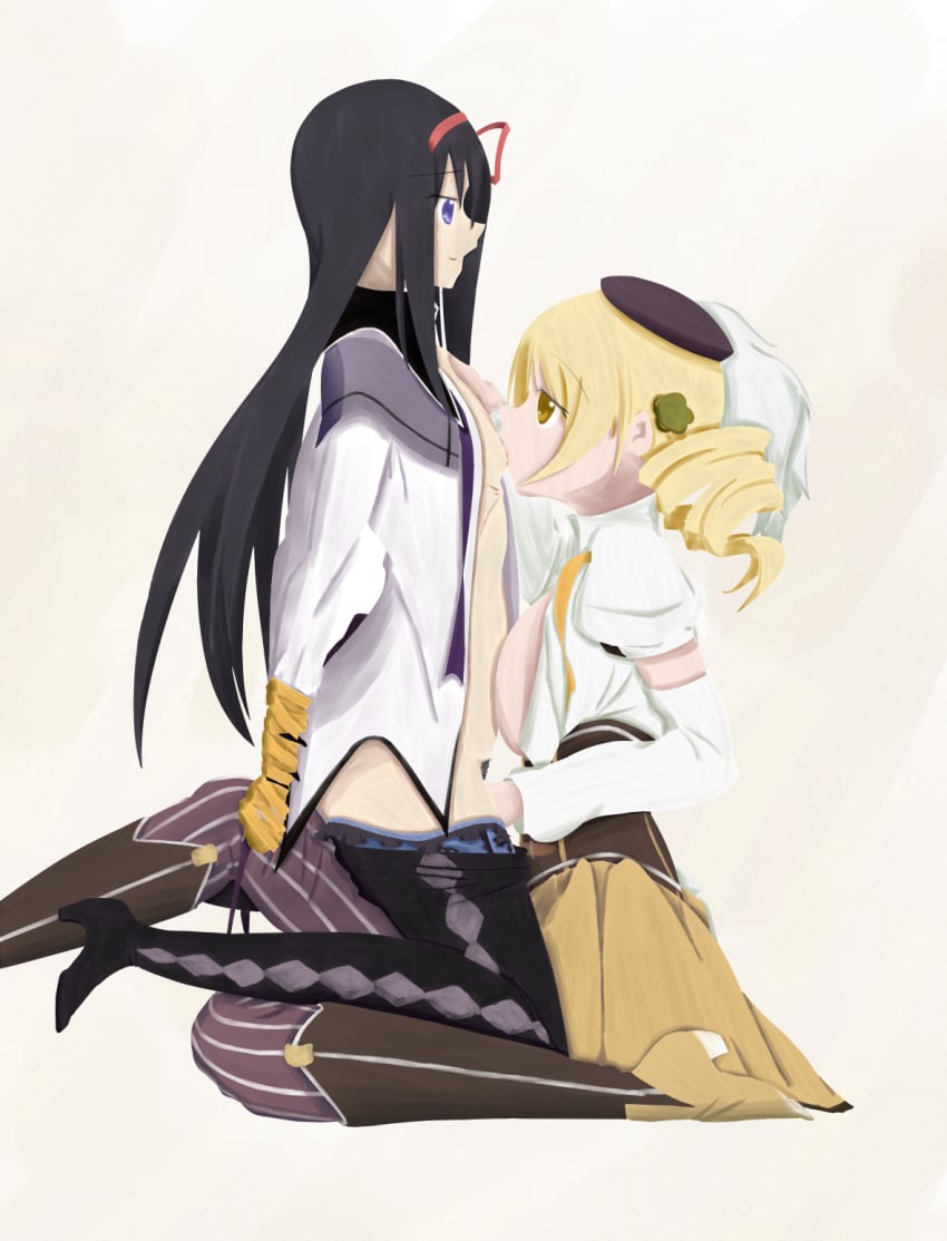 2girls akemi_homura black_hair blonde_hair bondage breast_sucking female female_only fingering fingering_while_breast_sucking human human_only licking magical_girl mahou_shoujo_madoka_magica multiple_girls pubic_hair puella_magi_madoka_magica tabascochan tape_bondage tomoe_mami yuri